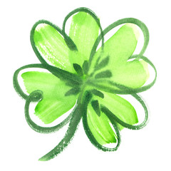 Bright green four leaf shamrock clover painted in watercolor on clean white background - 189376754