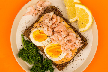 Prawn or Shrimp And Boiled Egg Open Face Sandwich On Rye Bread