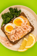 Prawn or Shrimp And Boiled Egg Open Face Sandwich On Rye Bread
