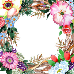 Forest twig branches frame in a hand drawn watercolor style. Aquarelle twig branches wreath for background, texture, wrapper pattern, frame or border.