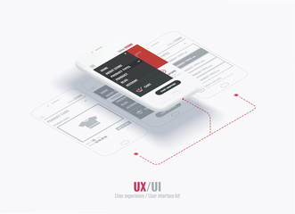  Website wireframe for mobile apps with links . A conceptual mobile phones with a mobile app page. User experience, user interface in e-commerce. - obrazy, fototapety, plakaty