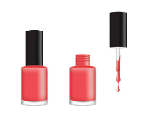 Realistic nail polish, open and closed bottle, vector