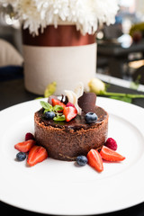 sweet and tasty chocolate cake recipe. food photography. confectionery product.