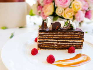 tasty chocolate cake dessert recipe concept. restaurant ready made food. cuisine art