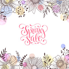 Spring sale vector. Spring wording with floral elements and watercolor spots on background. Romantic greeting card in pastel colors.