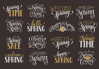 Hand written vector Spring time phrases in white and gold on blackboard. Greeting card text templates on blackboard. Hello Spring lettering in modern calligraphy style.