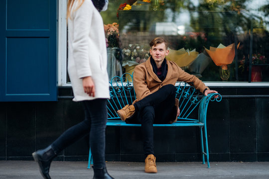 Love At First Sight. Young Man Has An Instant Crush On A Girl. Sweet Teenage Feelings.