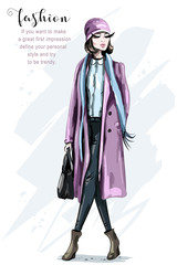 Hand drawn fashion model posing. Beautiful young woman in knitted hat. Stylish woman. Sketch. Vector illustration.