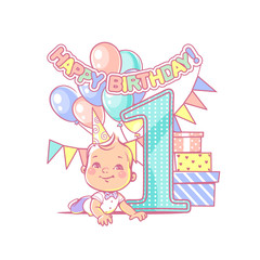 One year boy sitting near large number 1. First year celebration. Little boy's birthday party. Happy boy wearing bow tie and white shirt. Air balloons, gifts, bright colors. Vector illustration.