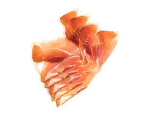 Italian speck or Italian prosciutto crudo, raw ham, slices isolated on white background, with clipping path.