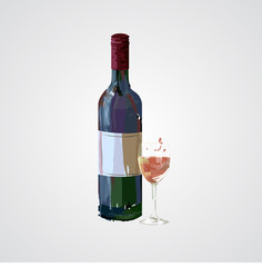 vector hand drawn illustration of bottle and glass of red wine
