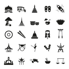 Thailand line icons set isolated on white background. Vector illustration with Thailand architecture, food and culture elements web icons in black simple silhouette style.