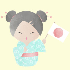 KOKESHI DOLL WITH JAPAN'S FLAG IN WATERCOLOR EFFECT