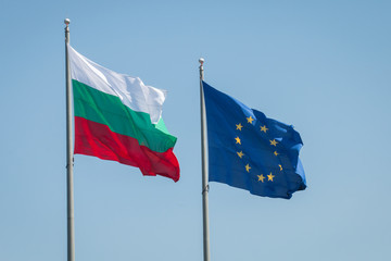 European Union and Bulgaria flags. Bulgaria will start its Presidency of the EU Council on 1 July 2018