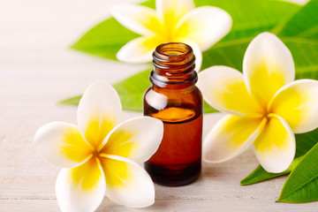 Plumeria Essential Oil Perfume and yellow plumeria flowers on the wooden table