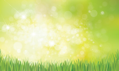 Obraz premium Vector spring nature background, green grass on green bokeh background.