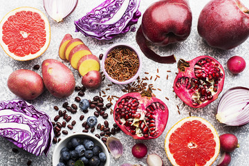 Different vegetables and fruits of purple, pink and purple color for a healthy diet. Vitamin-rich Anthocyanins for blood and cardiovascular system. Color of the year. Top Violet