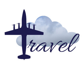 Travel text design illustration with airplane and cloudy sky decoration on white background