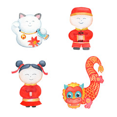 Chinese girl and boy, dragon and lucky cat watercolor illustration