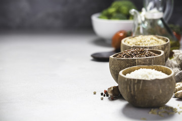Assortment of different rice in bowls