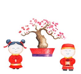Chinese kids and lucky tree watercolor illustration. China New Year postcard or banner template with text place.
