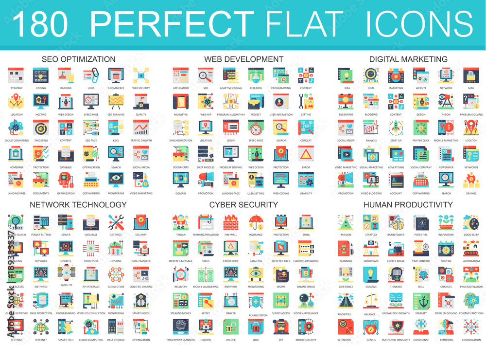 Poster 180 vector complex flat icons concept symbols of seo optimization, web development, digital marketin