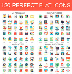 120 vector complex flat icons concept symbols of my workplace, creative process, mind process, human productivity. Web infographic icon design.