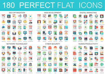 180 vector complex flat icons concept symbols of seo optimization, web development, digital marketing, network technology, cyber security, human productivity. Web infographic icon design.