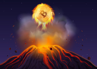 Vector illustration of bitcoin in fire flying out of volcano at night. Bitcoin volcano explosion.