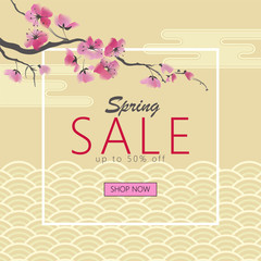 Spring seasonal sakura flower golden japanese banner. Asian korean oriental ornament wave pink blossom promotional web background template vector watercolor illustration