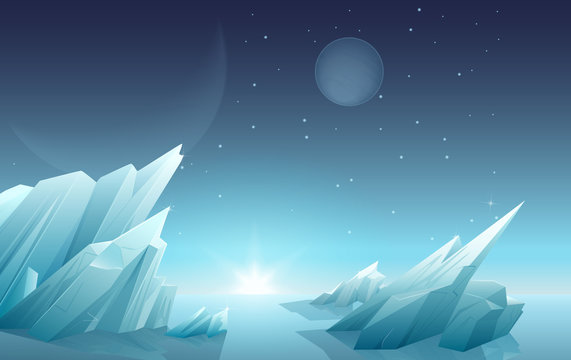 Sunrise on another alien planet landscape with ice rocks, planets, stars at sky. Galaxy space nature panorama.
