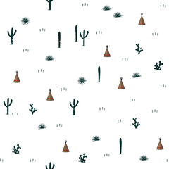 Seamless pattern with indian tents and cacti. Saguaro, opuntia, and wigwames. Vector illustration. © Toltemara