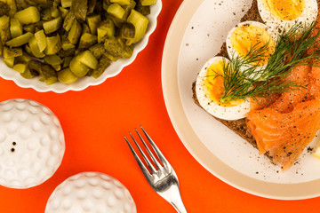 Smoked Salmon With boiled Eggs Open Face Sandwich On Rye Bread With Dill