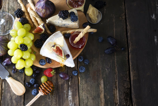 Appetizers Table Concept For Mediterranean Lunch Oder Dinner. Italian Food. Overhead View. Copy Space