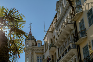 The historical center of Karlovy Vary. Architecture of the well-known resort town. Sunny morning....