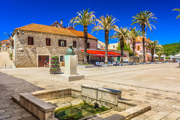 Hvar Starigrad town square. / Scenic view at town square in ancient mediterranean place Starigrad on Island Hvar, Southern Croatia.
