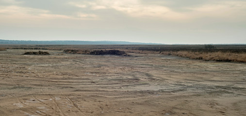 Fototapeta na wymiar Wide plain with sand and heather on overcast winter day.