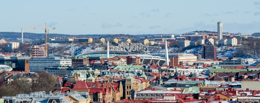 Gothenburg - view over the city's colorful roofs with popular Ullevi stadium during winter