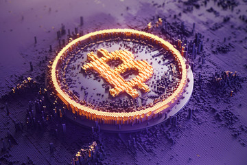Gold symbol bitcoin consisting of microscopic small cubes in a random layout. Closeup business concept 3d Illustration.