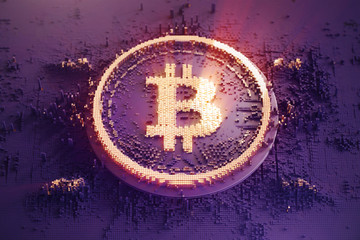 Gold symbol bitcoin consisting of microscopic small cubes in a random layout. Closeup business concept 3d Illustration.