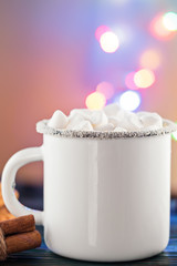 Enamel White Coffee Mug Cup of Cocoa Hot Drink Beverage with Marshmallow - 189389125