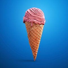 Highly detailed  delicious blackberry ice cream  in waffle cone isolated on blue background. 3D illustration.