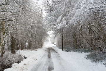 Snowy narrow country road