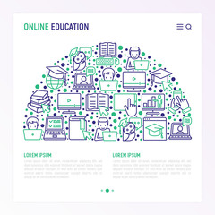 Online education concept in half circle with thin line icons: online course, webinar, e-book, video conference, home studying, wise owl in graduation cup. Modern vector illustration, web page template