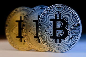 closeup of golden bitcoin metallic coins