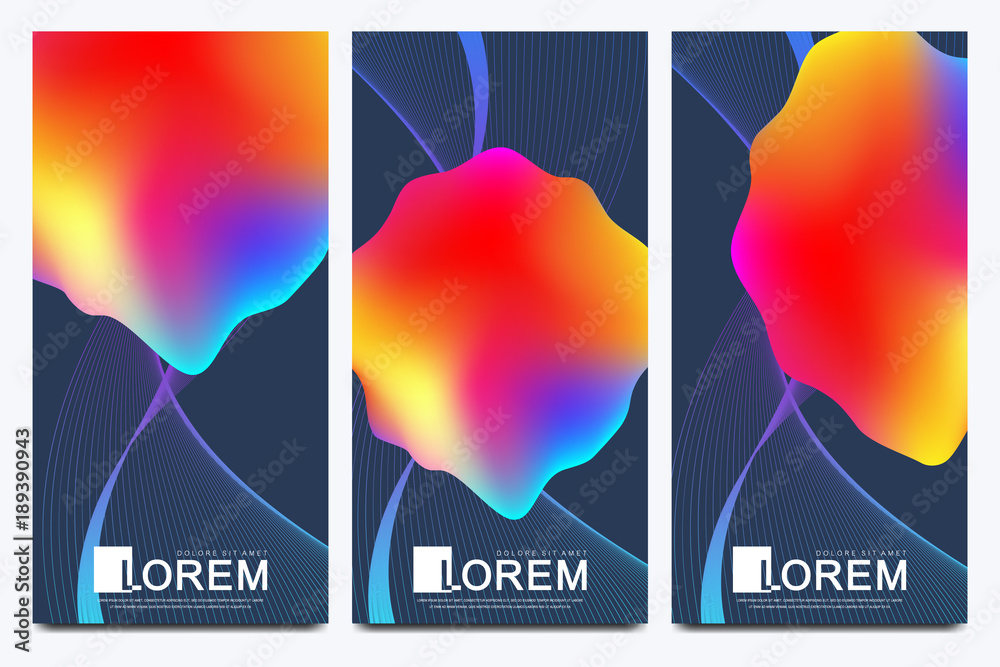 Poster Modern set of vector flyers. Abstract fluid 3d shapes vector trendy liquid colors backgrounds set. Colored fluid graphic composition illustration.