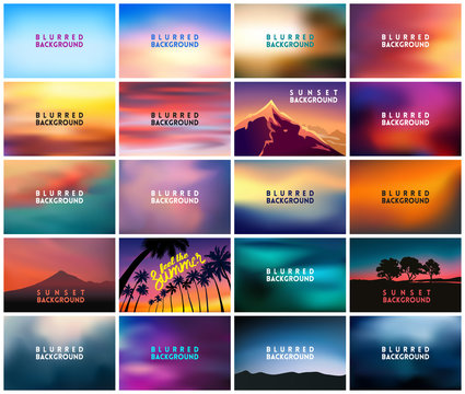 BIG set of 20 horizontal wide blurred nature backgrounds. With various quotes. Sunset and sunrise sea blurred background. Sunset Mountain Landscapes