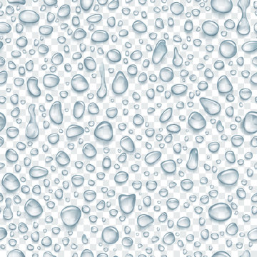 Seamless pattern of gray translucent water drops of different shapes with shadows, isolated on transparent background. Transparency only in vector format