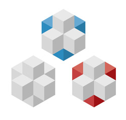 Naklejka premium Abstract cube vector shape reminiscent of technological development, nanotechnology component. Isometric brand of scientific institution, research center, laboratories, spatial paradox.