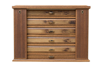 Furniture, a chest of natural wood with drawers on a white background.